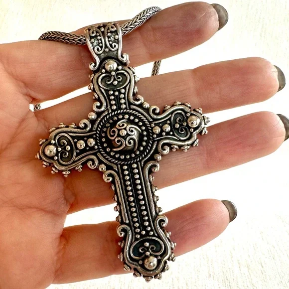 Brighton Bali Sterling Silver Large Ornate Cross Necklace - Picture 1 of 10